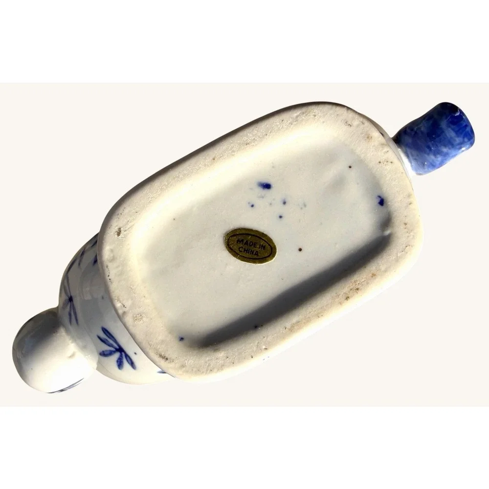 Vintage Blue White Chinese Donut Teapot Dragon Handle Chinoiserie Ring Pot 7
